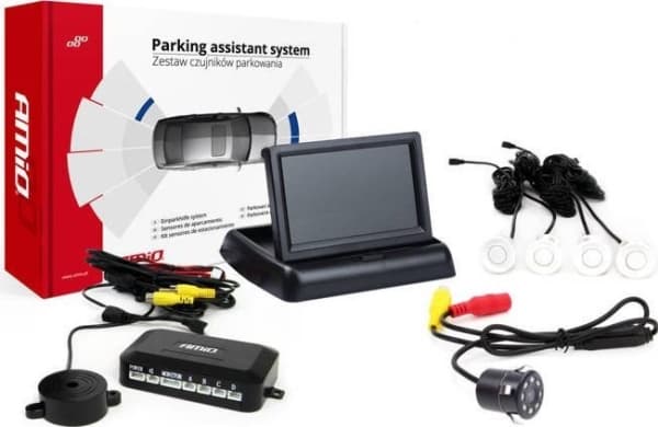 Amio parkeringssensorsats tft02 4,3" med kamera hd-307 och 4 vita sensorer