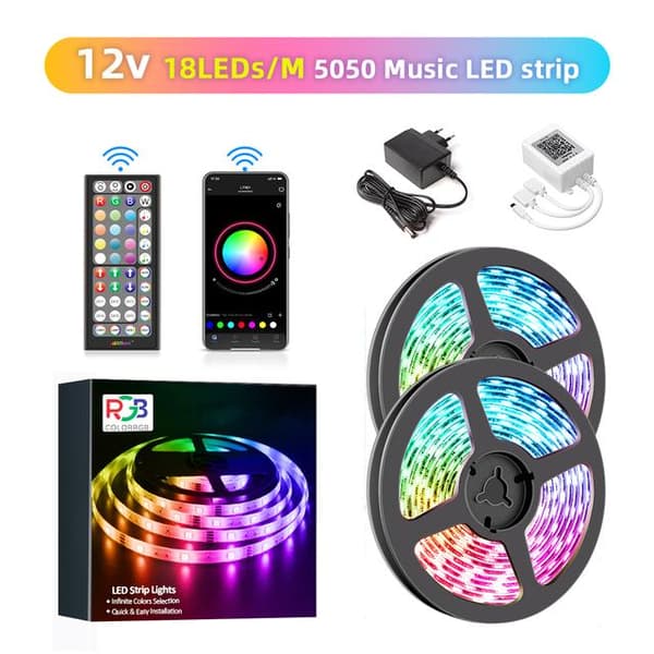 10m 18LEDs/m 12V RGB musik LED-remsa med fjärrkontroll, 16 miljoner färger, justerbar ljusstyrka, appkontroll, lätt att klippa/installera