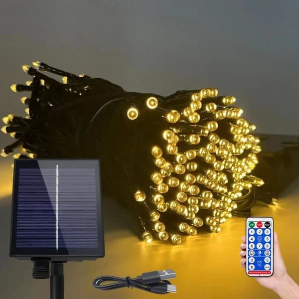 XMTECH Solar String Lights, 100M 1000 Varmvita LED String Lights, 8 lägen med fjärrkontroll och solpanel