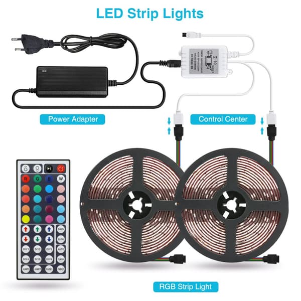 2ST 5M 5050 LED Strip Light RGB Vattentät dekorativ lampa + Strömförsörjning + 44 Keys Fjärrkontroll DC12V