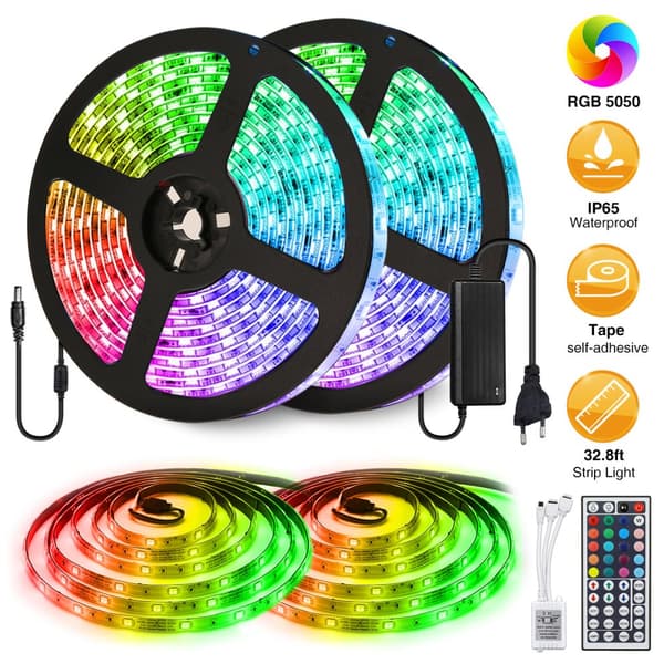 2 STK 5M 5050 LED Strip Lys RGB Vandtæt Dekorativ Lampe + Strømforsyning + 44 Taster Fjernbetjening DC12V