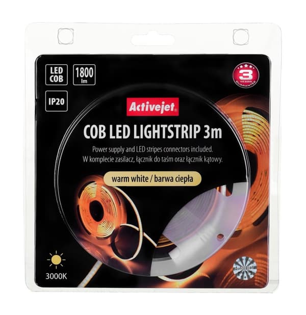 3m COB LED-nauha virtalähteellä, lämmin väri IP20