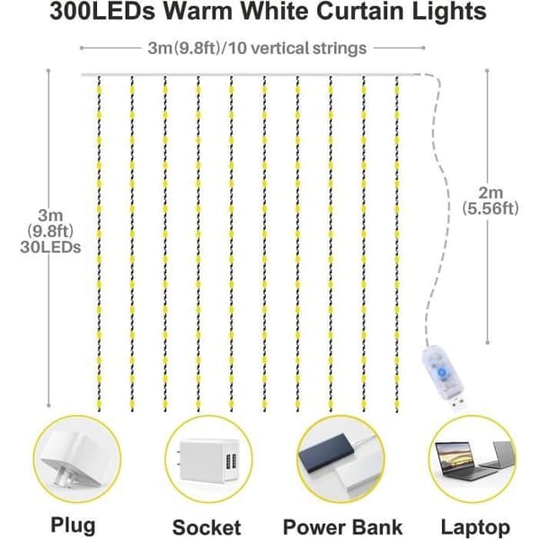 USB 300 LED Ljusgardin Strängljus - 3m*3m - 8 ljuslägen - Vattentät IP65 med timer och fjärrkontroll