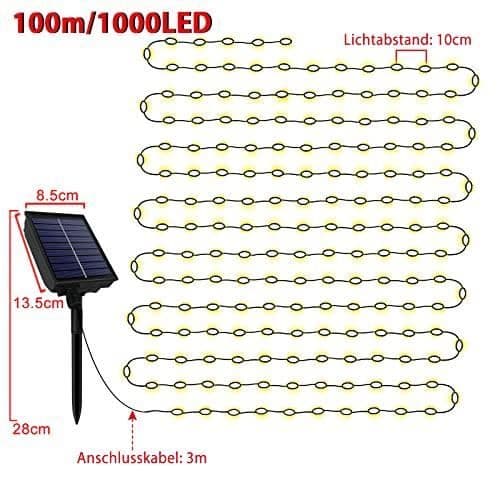 100M utomhus LED-solljusslinga, julbelysning med 8 lägen IP44 vattentät för trädgårdsdekoration, varmvit