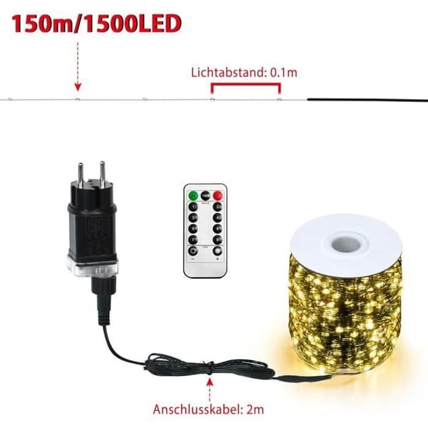 Ljusgirlang - LARS360 - 150M - 1500 LED - Fjärrkontroll - 8 Lägen - Vattentålig IP44