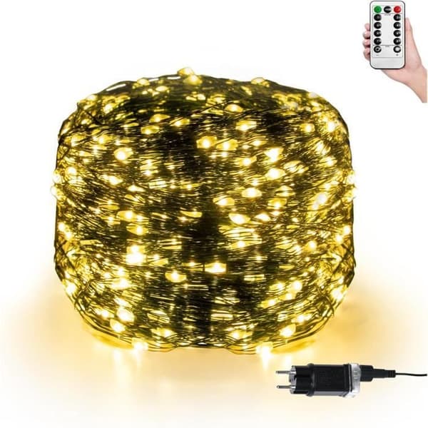 150m LED-ljusslinga i koppartråd med 1500 lysdioder, 8 lägen, vattentät IP44, med stickpropp och fjärrkontroll, timer