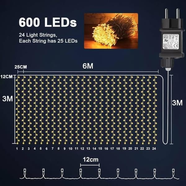 yowin Ljusgardin 6m x 3m 600 LED Ljusgarn med Transformator, Timer, 8 Läge Vattentät Ljusgardin Jul