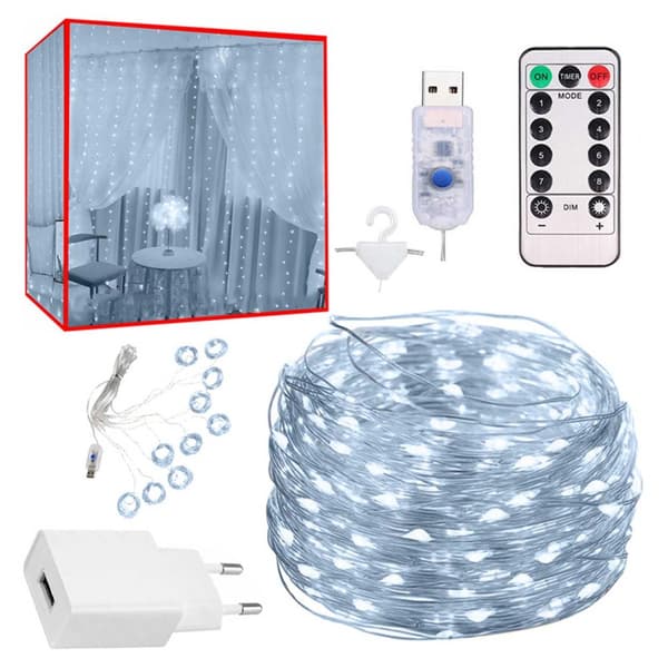 LED Gardin USB Lysstreng med Fjernbetjening 300 LED 3m Cold White