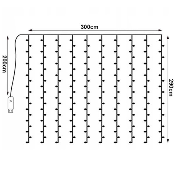 LED Gardin USB Lysstreng med Fjernbetjening 300 LED 3m Cold White