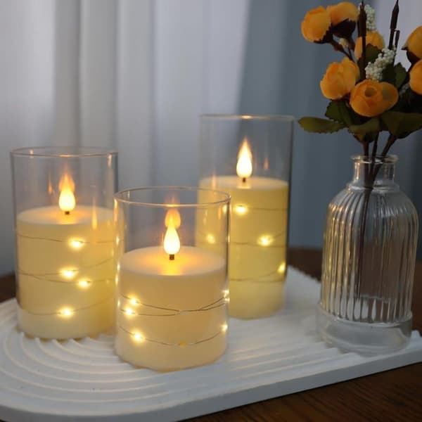 LED-ljus - Fake ljus - LED-ljus med fladdrande låga - 3 ljus utan flamma - Inbyggd ljusslinga, Elektriskt ljus