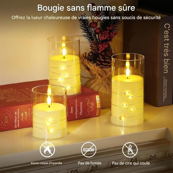 LED-ljus - Fake ljus - LED-ljus med fladdrande låga - 3 ljus utan flamma - Inbyggd ljusslinga, Elektriskt ljus