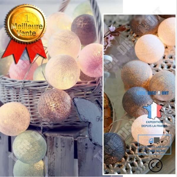TD® Pink-White-Cream-Grey Bomullsbollar LED String Lights Batteridrivna LED Fairy Lights - Modell: 1,5 m 20 bollar - MILEDCA169