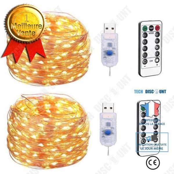TD® USB Led String Lights, [2 Pack]10m 100LED Silvertråd med fjärrkontroll, 8 lägen (varmvitt)