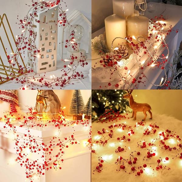 INN® Julgransljus med 20 röda LED-lampor 2 m Funktionerar med batteri Ljusgirlang med bär och pärlor Dekoration