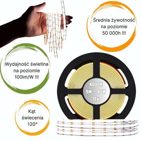 LED-remsa COB 12V 5M rulle NEON-remsa neutral linje 800lm/m 8W/m stark