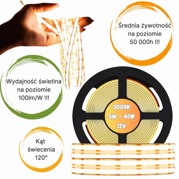 LED COB-remsa 12V 5M 40W rullar NEON-remsa varm linje 800lm/m 8W/m stark