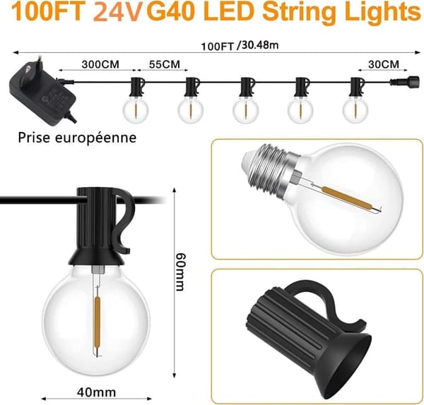 OBOSOE 30m ulkovaloketju, 50+2 G40 LED-valot, IP44 vedenpitävä terassille ja juhliin