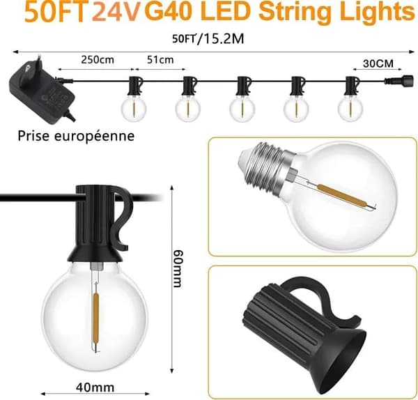 OBOSOE 10m udendørs lyskæde, 25+1 G40 LED-lys, IP44 vandtæt til terrasse og fest