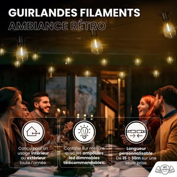 OBOSOE 15M IP65 Vattentät Ljusslinga utomhus 15 S14 LED-Lampor – Dimmbar, med fjärrstyrning. Utebelysning för Terrass och Fest