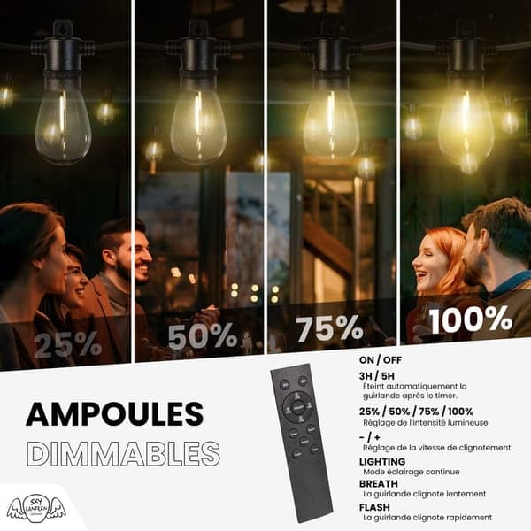 OBOSOE IP65 LED-ljuskedja 20M 30LED dimmerbar långfilamentlampor med fjärrkontroll