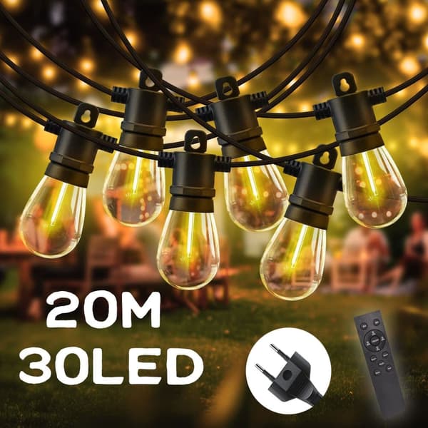 OBOSOE IP65 LED-ljuskedja 20M 30LED dimmerbar långfilamentlampor med fjärrkontroll