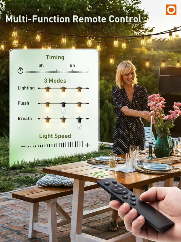 OBOSOE LED-ulkovalot 15 metriä himmennettävissä kaukosäätimellä iskunkestävä pakkasenkestävä 15 Edison-lamppua 3 valotilaa laajennettavissa kuistin