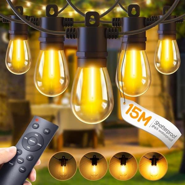 OBOSOE LED-ulkovalot 15 metriä himmennettävissä kaukosäätimellä iskunkestävä pakkasenkestävä 15 Edison-lamppua 3 valotilaa laajennettavissa kuistin