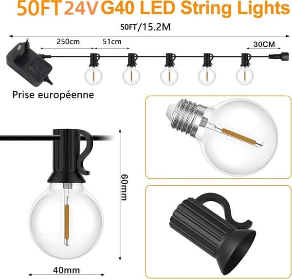 OBOSOE Dimbar ljusslinga 30M för utomhusbruk med fjärrkontroll, G40 LED, IP44 vattentät, 50+2 G40 LED-lampor