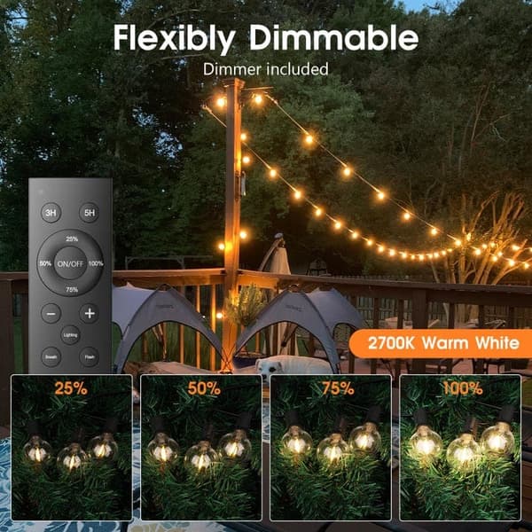 OBOSOE Dimbar ljusslinga 30M för utomhusbruk med fjärrkontroll, G40 LED, IP44 vattentät, 50+2 G40 LED-lampor