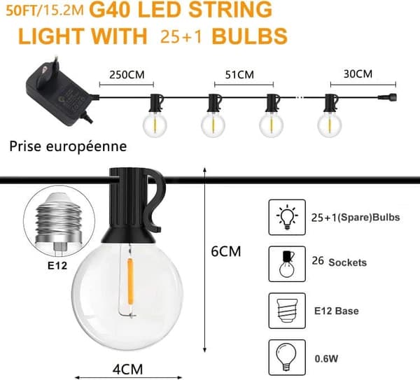 OBOSOE Dimbar ljusslinga 30M för utomhusbruk med fjärrkontroll, G40 LED, IP44 vattentät, 50+2 G40 LED-lampor