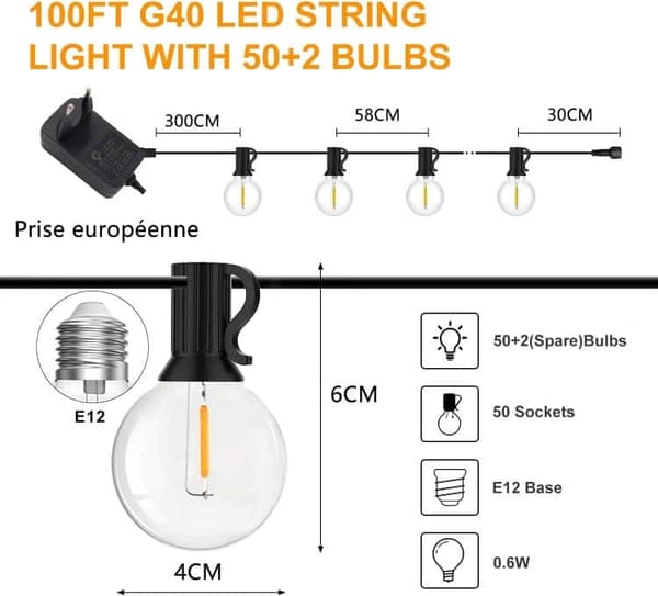 OBOSOE Dimbar ljusslinga 30M för utomhusbruk med fjärrkontroll, G40 LED, IP44 vattentät, 50+2 G40 LED-lampor