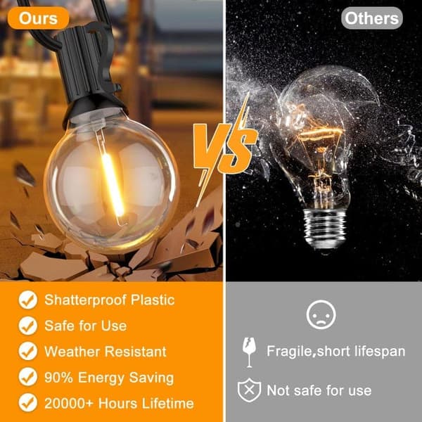 OBOSOE Dimbar ljusslinga 30M för utomhusbruk med fjärrkontroll, G40 LED, IP44 vattentät, 50+2 G40 LED-lampor