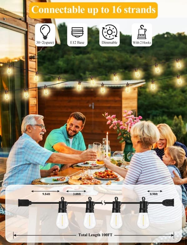 OBOSOE 15/30m udendørs lyskæde med 16/32 S14 LED pærer, IP65 vandtæt, til have, terrasse, cafe