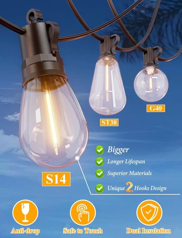 OBOSOE 15/30m udendørs lyskæde med 16/32 S14 LED pærer, IP65 vandtæt, til have, terrasse, cafe