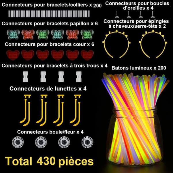 "Fluorescerande Armband - 200 Fluostavar &amp; 230 Kopplingar Gör - Kan användas för att tillverka halsband, hårband, glasögon"