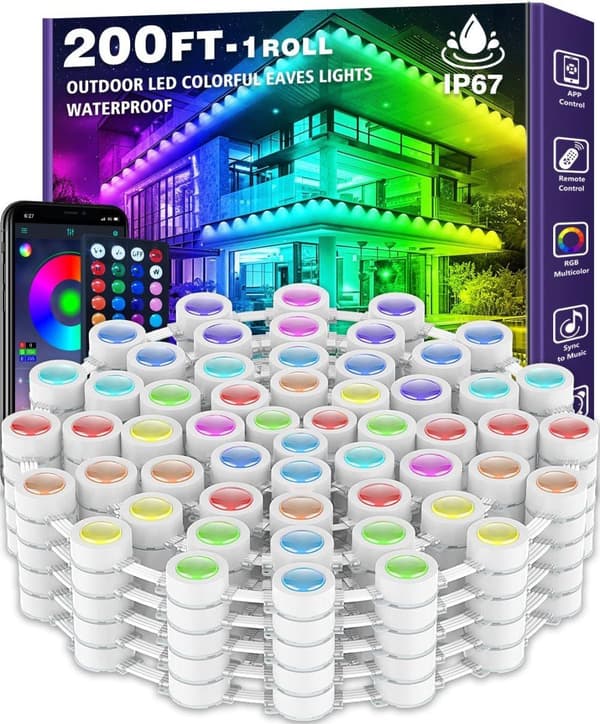 OBOSOE 15/30/45/60/90/150M RGB ljusslinga utomhus, vattentät smart takbelysning med app/fjärrkontroll för hus & jul