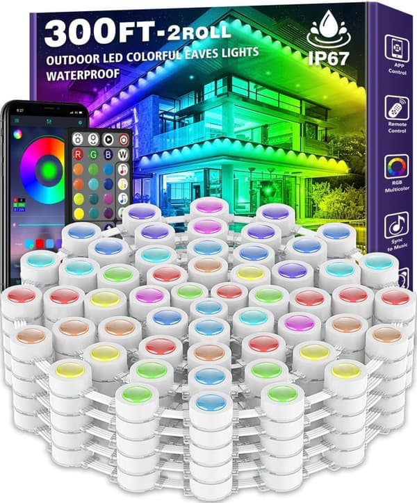 obosoe 15/30/45/60/90/150m rgb udendørs lysstreng, vandtæt smart loftslampe med app / fjernbetjening til hus og jul