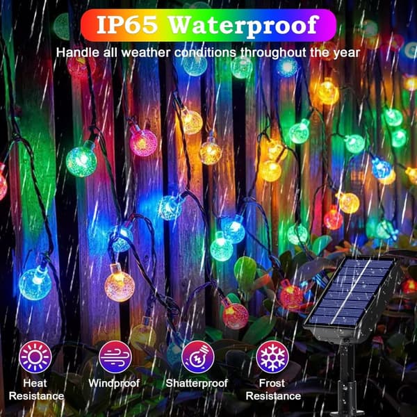 Lollanda Ljusslinga utomhus, Solcellsbelysning 11 m – 60 LED Kristallkulor, IP65 Vattentät, 8 Lägen, för Terrass och Fest