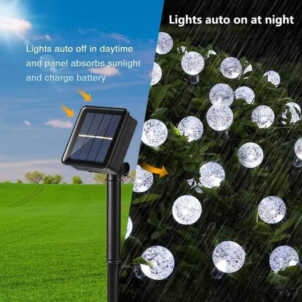 Lollanda Ljusslinga utomhus, Solcellsbelysning 11 m – 60 LED Kristallkulor, IP65 Vattentät, 8 Lägen, för Terrass och Fest