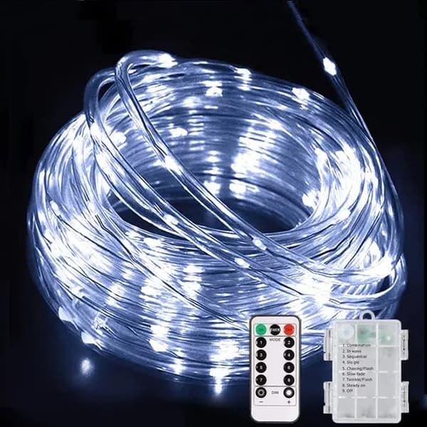 Lollanda Outdoor String Light 50 LED, paristokäyttöinen valonauha 5 m, IP67 vedenpitävä, kaukosäädin, 8 tilaa, terassille ja juhliin Valkoinen
