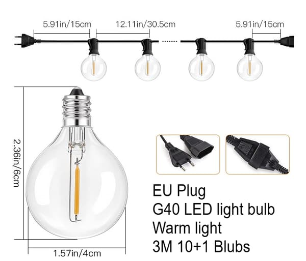 OBOSOE LED String Light Udendørs 30m – Vandtæt String Light med 104 G40 pærer til have og terrasse