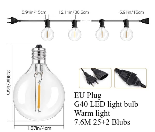 OBOSOE LED String Light Udendørs 30m – Vandtæt String Light med 104 G40 pærer til have og terrasse