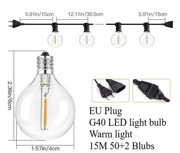 OBOSOE LED String Light Udendørs 30m – Vandtæt String Light med 104 G40 pærer til have og terrasse