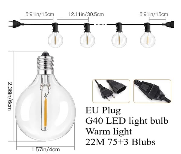 OBOSOE LED String Light Udendørs 30m – Vandtæt String Light med 104 G40 pærer til have og terrasse