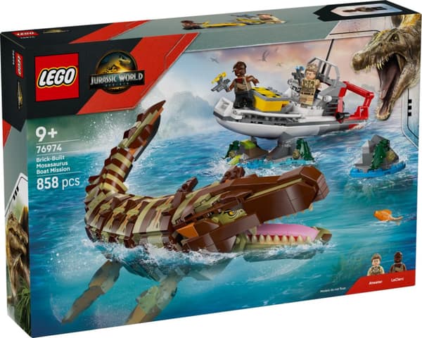 LEGO Jurassic World Båtuppdrag med klossbyggd mosasaurus 76974