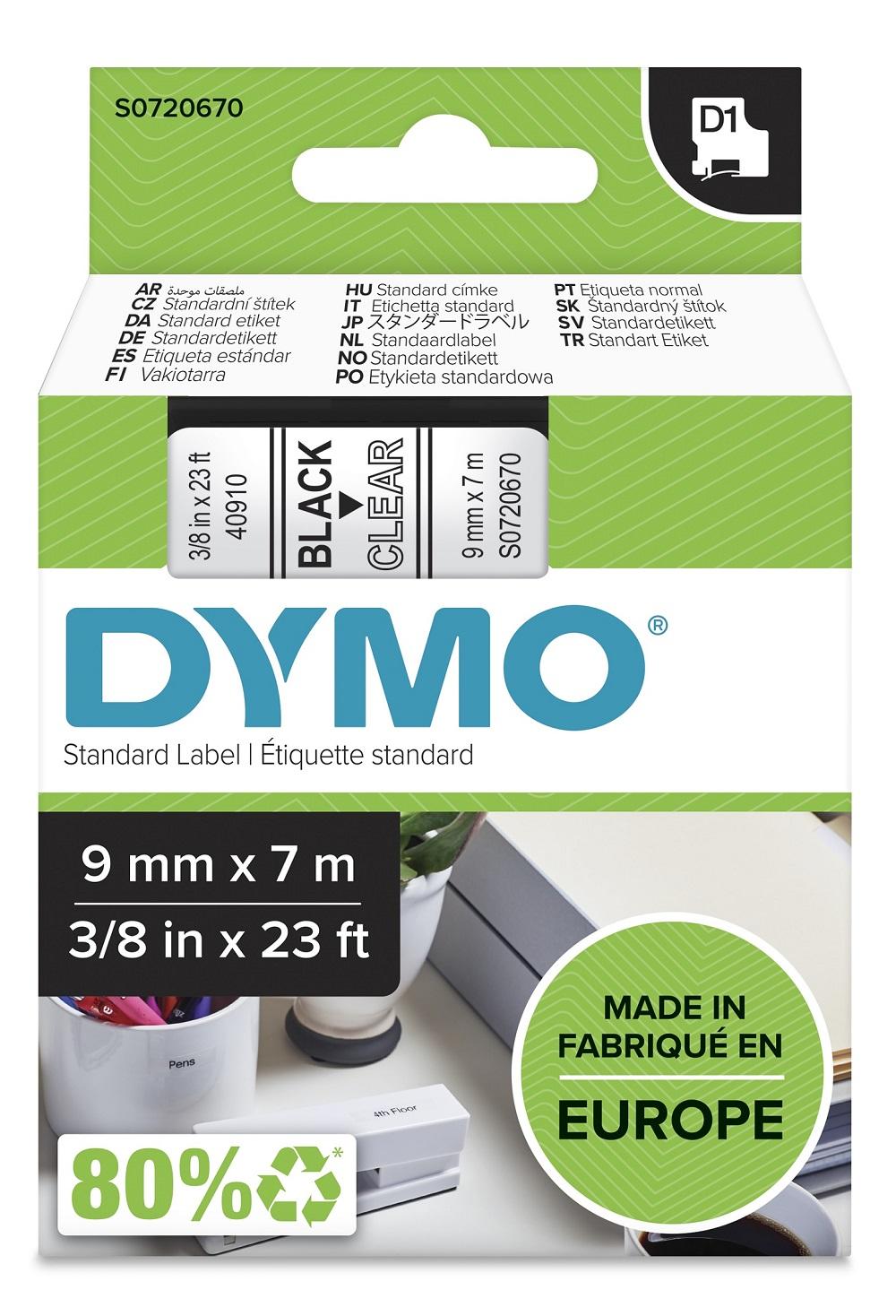 DYMO D1 märktejp standard 9mm, svart på transparent, 7m rulle (40910