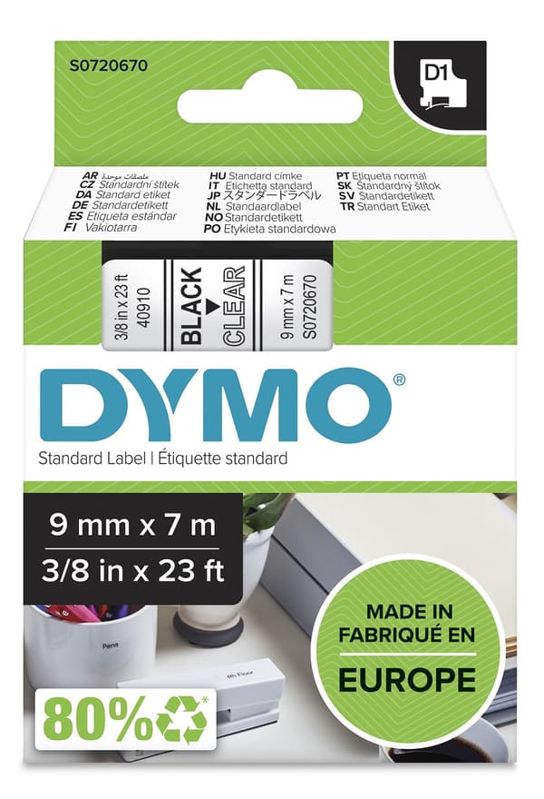 D1, marking tape 9mm black text transparent tape 7m-40910