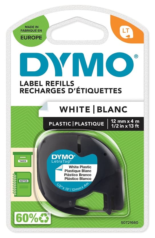 LetraTag, plastic tape, white, 12mm, 4m