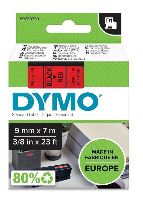 D1, marking tape, 9mm, black text on red tape, 7m - 40917