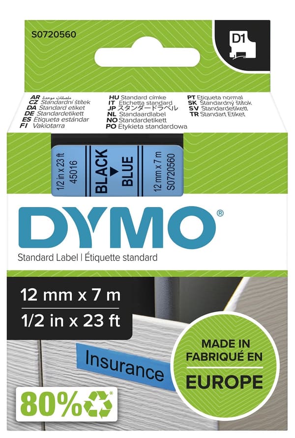 D1, marking tape, 12mm, black text on blue tape, 7m - 45016